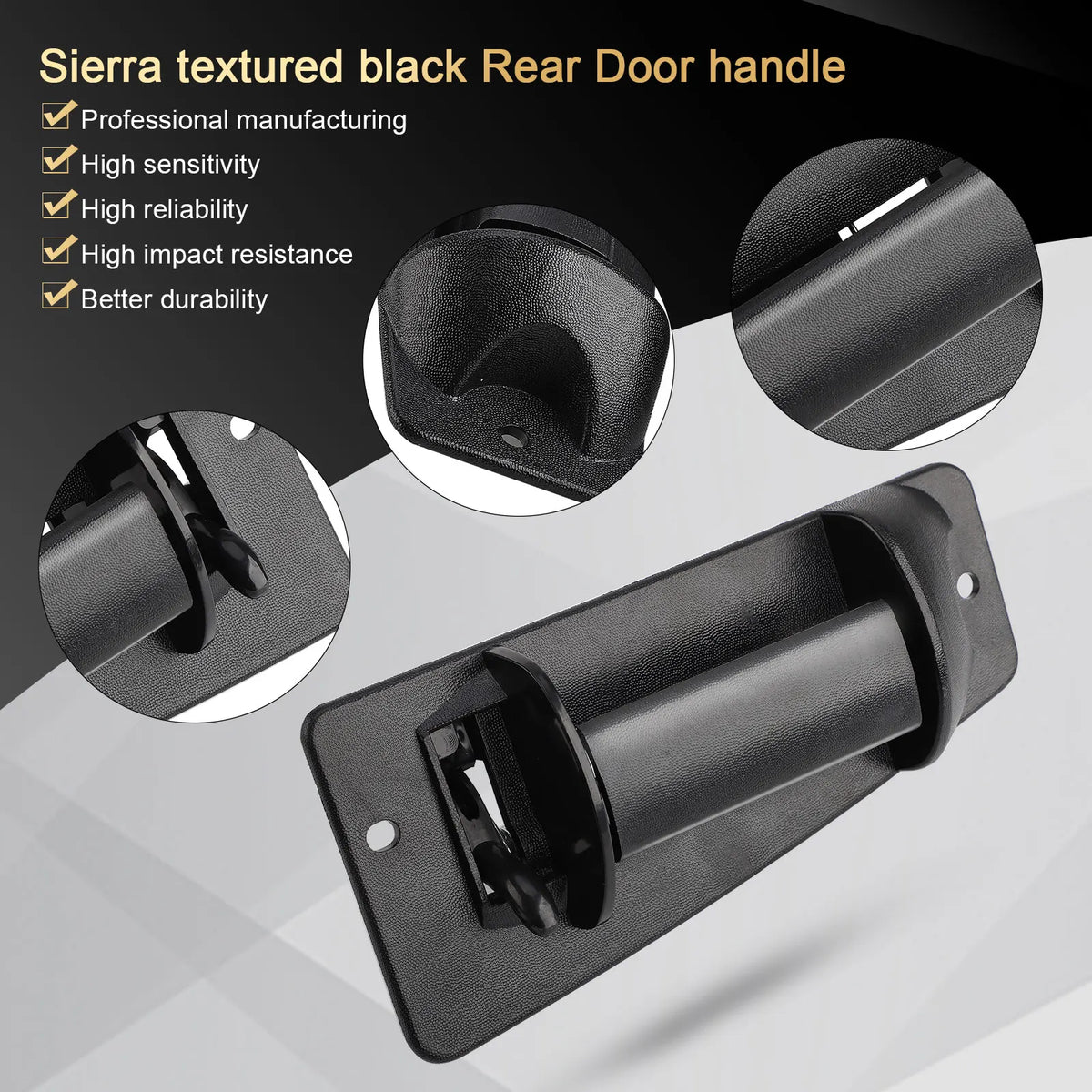 Black Sierra textured rear door handle shown in various angles and features.