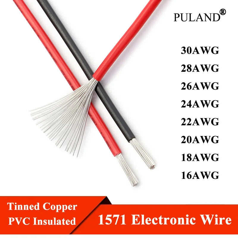 A set of various gauge electrical wires, including 30AWG down to 16AWG, insulated with PVC and made of tinned copper.