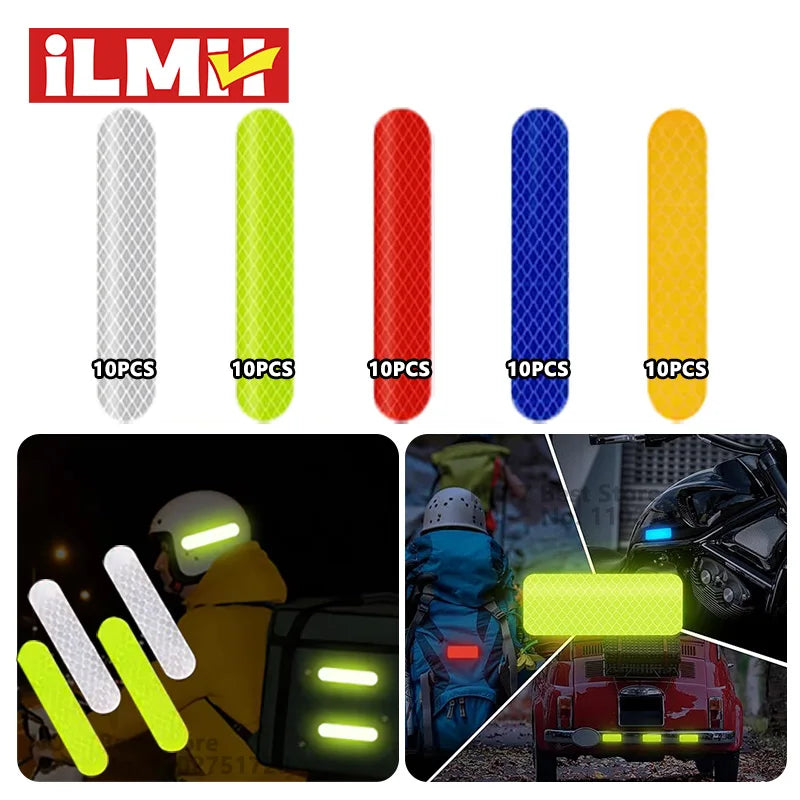 A set of ten reflective safety stickers or tape pieces in various colors including silver, lime green, red, blue, and yellow.