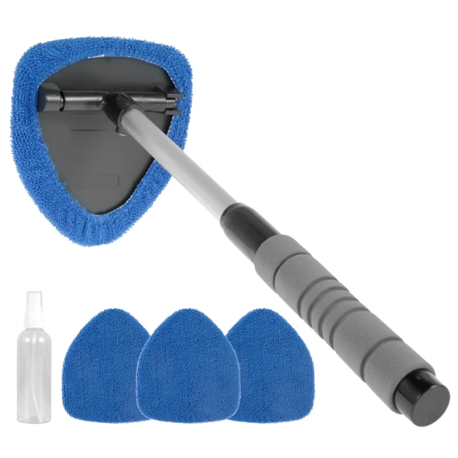 Extendable car window cleaning brush set with a blue sponge and a handle