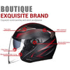 A black motorcycle helmet with a clear lens, featuring an ABS material and removable base.