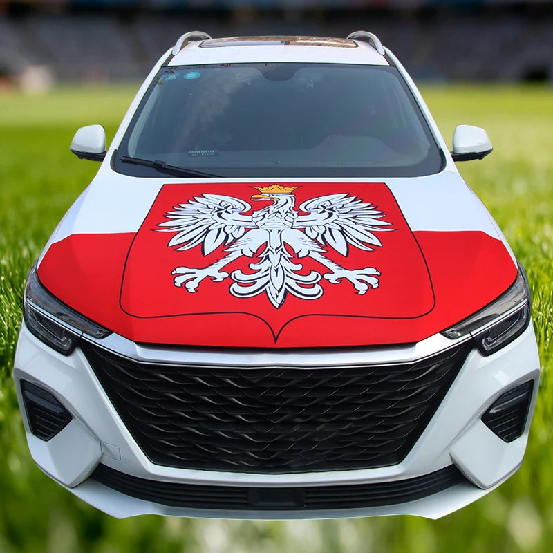A white car with a red and white eagle flag design on the hood.