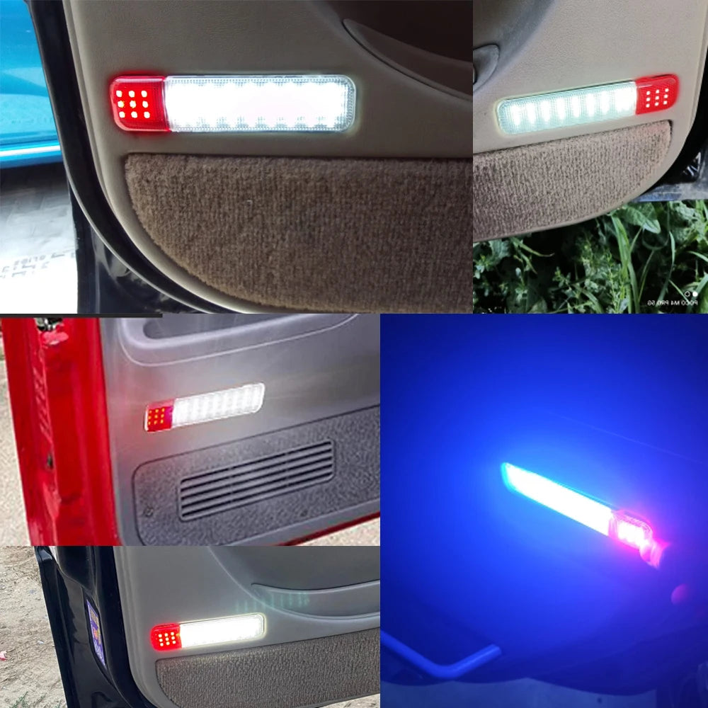 Close-up view of various universal LED interior door panel lights installed in different vehicle interiors.
