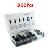 A clear plastic box containing 50 universal auto fastener clips for trim and body repair in various sizes.