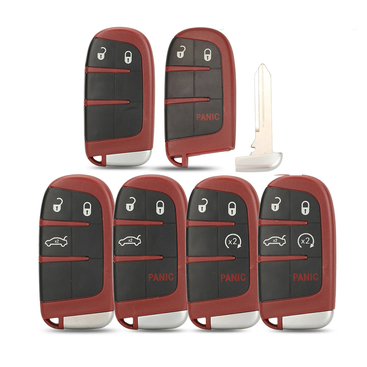 Cuatro carcasas de llave rojas para llaves aftermarket SRT Hellcat, con botón de pánico y silueta de coche.