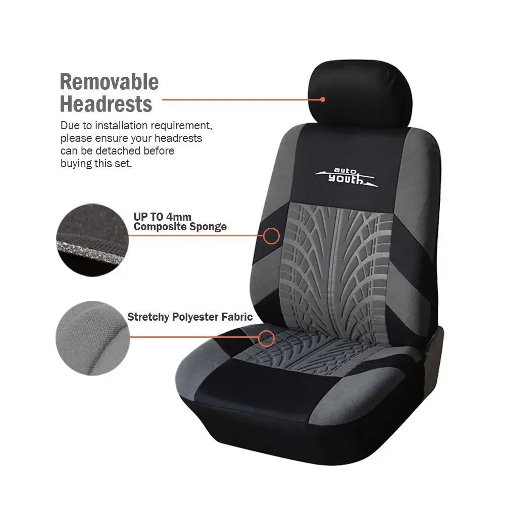 Black car seat covers with removable headrests made of composite sponge and stretchy polyester fabric
