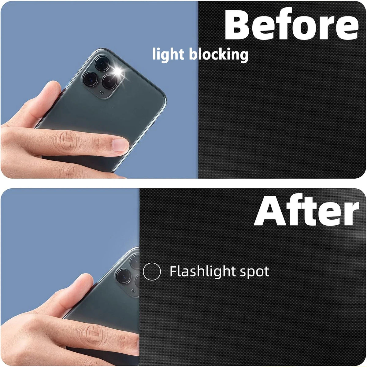 A smartphone is shown before and after light blocking, demonstrating a flashlight spot feature.