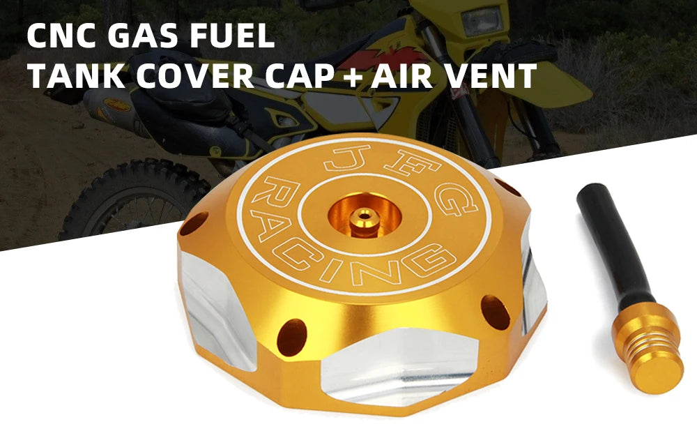 A brass-colored CNC machined fuel tank cap with an air vent and mounting bolt shown next to a motorcycle.