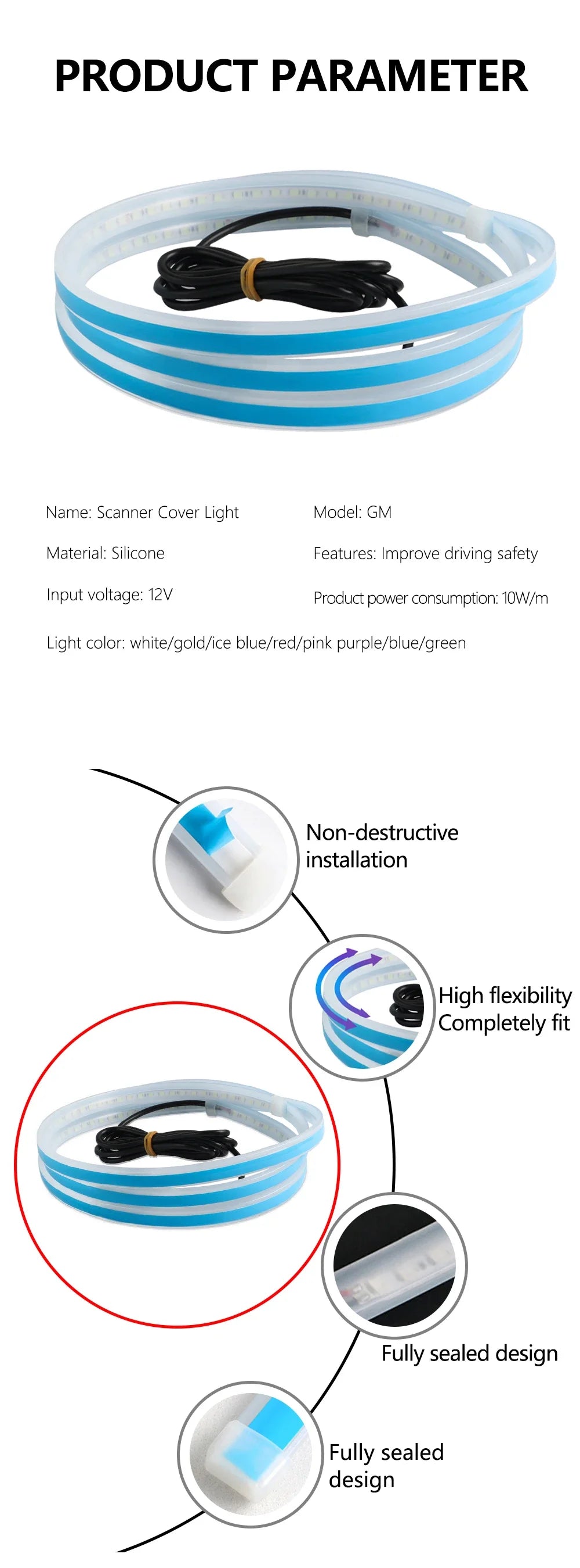 Tira de luz de silicona blanca y azul con cable negro, mostrando su instalación sin daños y completamente marina