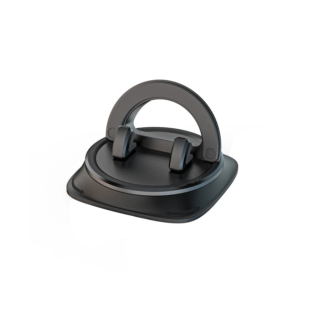 Support de téléphone pour voiture noir, rotatif à 360°, avec base circulaire et poignée courbée.