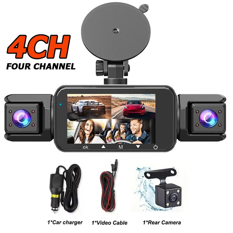 Caméra dashcam noire 4 canaux avec accessoires : chargeur, câble vidéo et caméra arrière