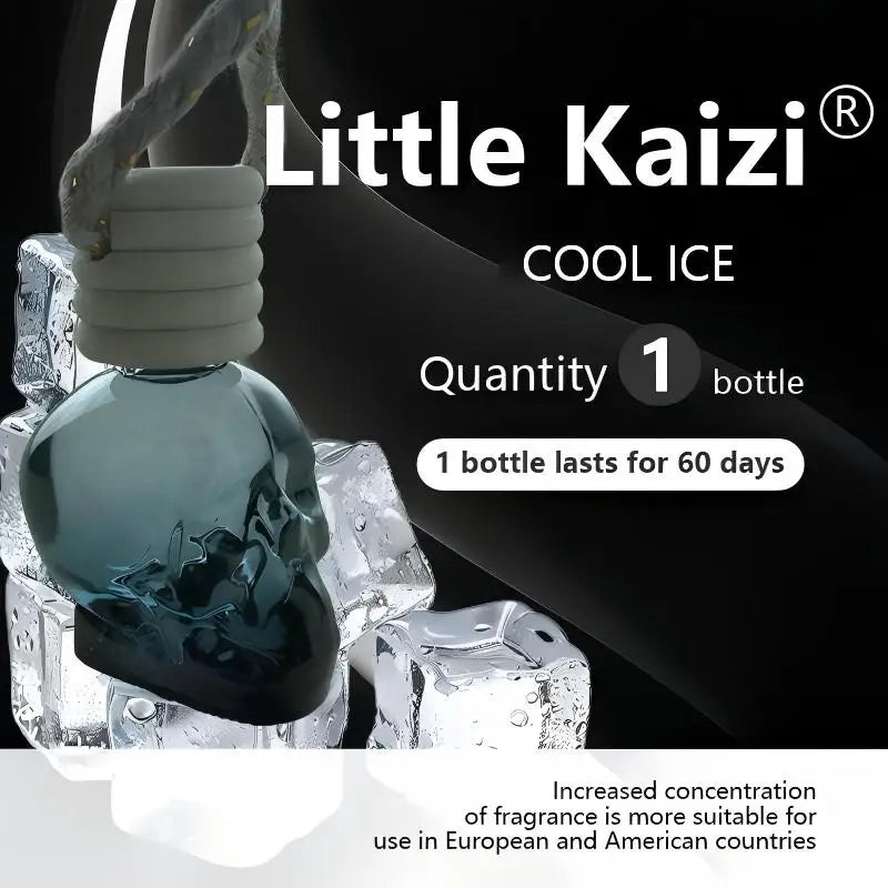 Little Kaizi cool ice air freshener in a glass bottle with a skull design