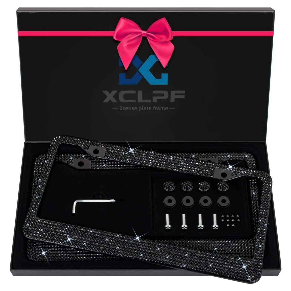 A black box containing a sparkly diamond rhinestone license plate frame and mounting hardware.