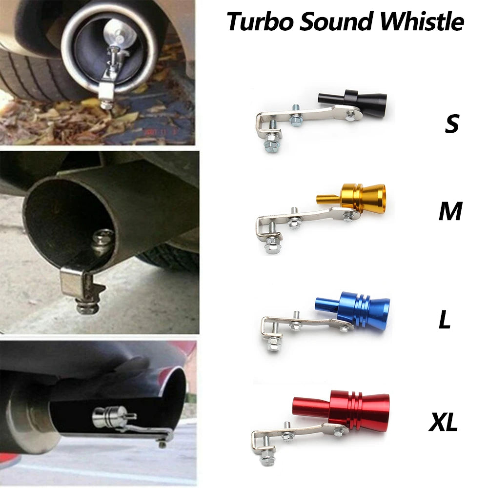 A collection of universal turbo exhaust whistles in sizes S, M, L, and XL, showing various metal finishes.