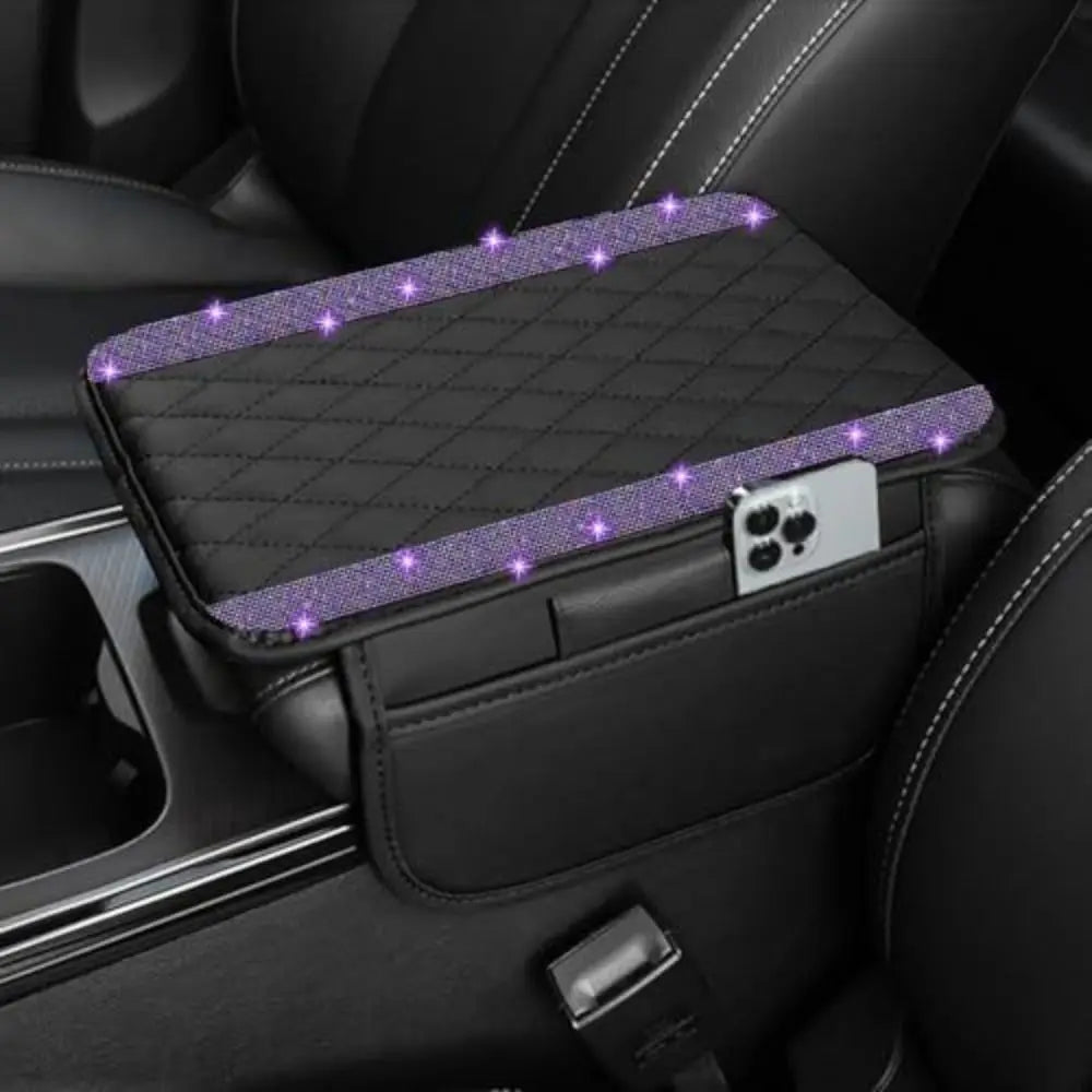A black car console cover with a diamond grid pattern and purple LED lights is shown inside a vehicle.