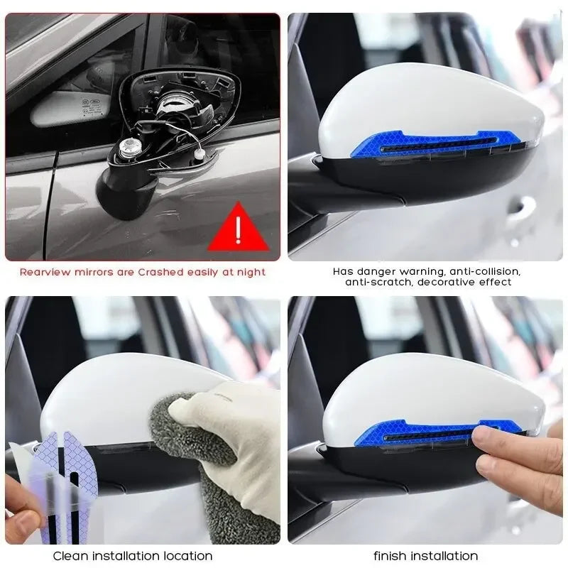 Installation and finish of reflective door bumper strips on a car mirror.