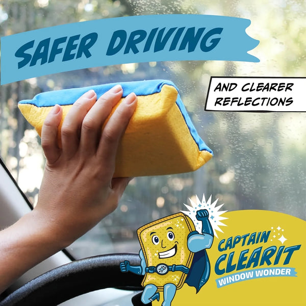 A hand holds a yellow and blue anti-fog cleaning sponge near a car window, with text promoting safer driving.