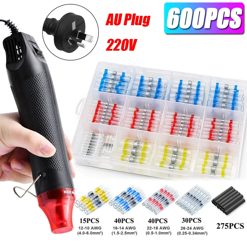 A black heat shrink wire terminal tool and a plastic storage box containing various sized terminals.