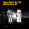 LED brake and reverse light bulbs shown next to a comparison scale demonstrating their size compatibility with halogen bulbs.