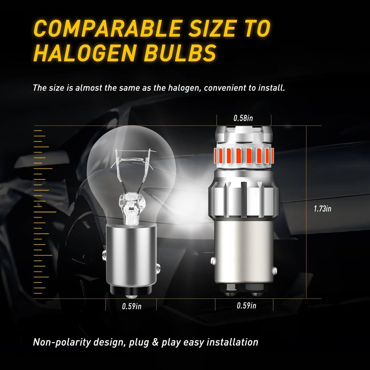 LED brake and reverse light bulbs shown next to a comparison scale demonstrating their size compatibility with halogen bulbs.