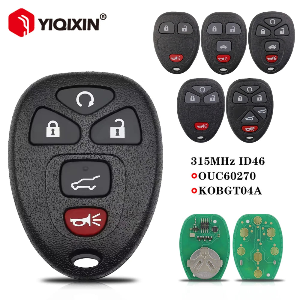 A universal remote car key for Chevrolet, Buick, Cadillac, GMC, shown with multiple versions and a circuit board.