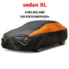 Black and orange all-weather UV car protection cover for a sedan XL vehicle.