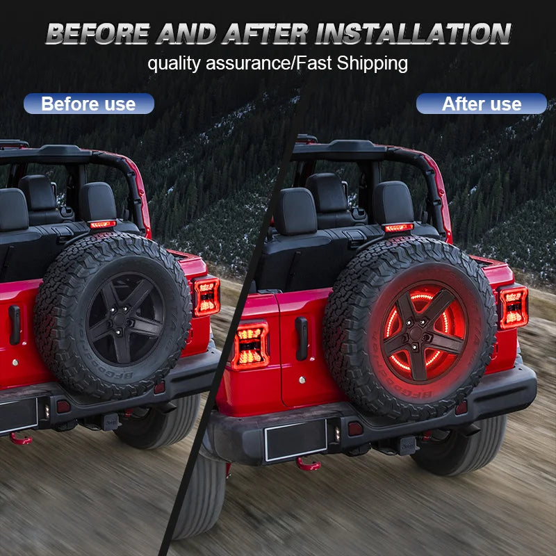 Before and after installation comparison of a replacement spare tire brake light for a Jeep Wrangler.