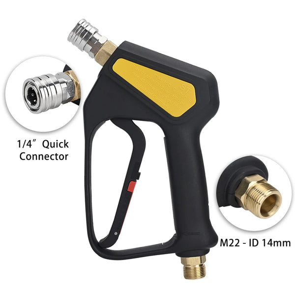 Black high-pressure short trigger spray gun with a yellow grip and various connectors shown.