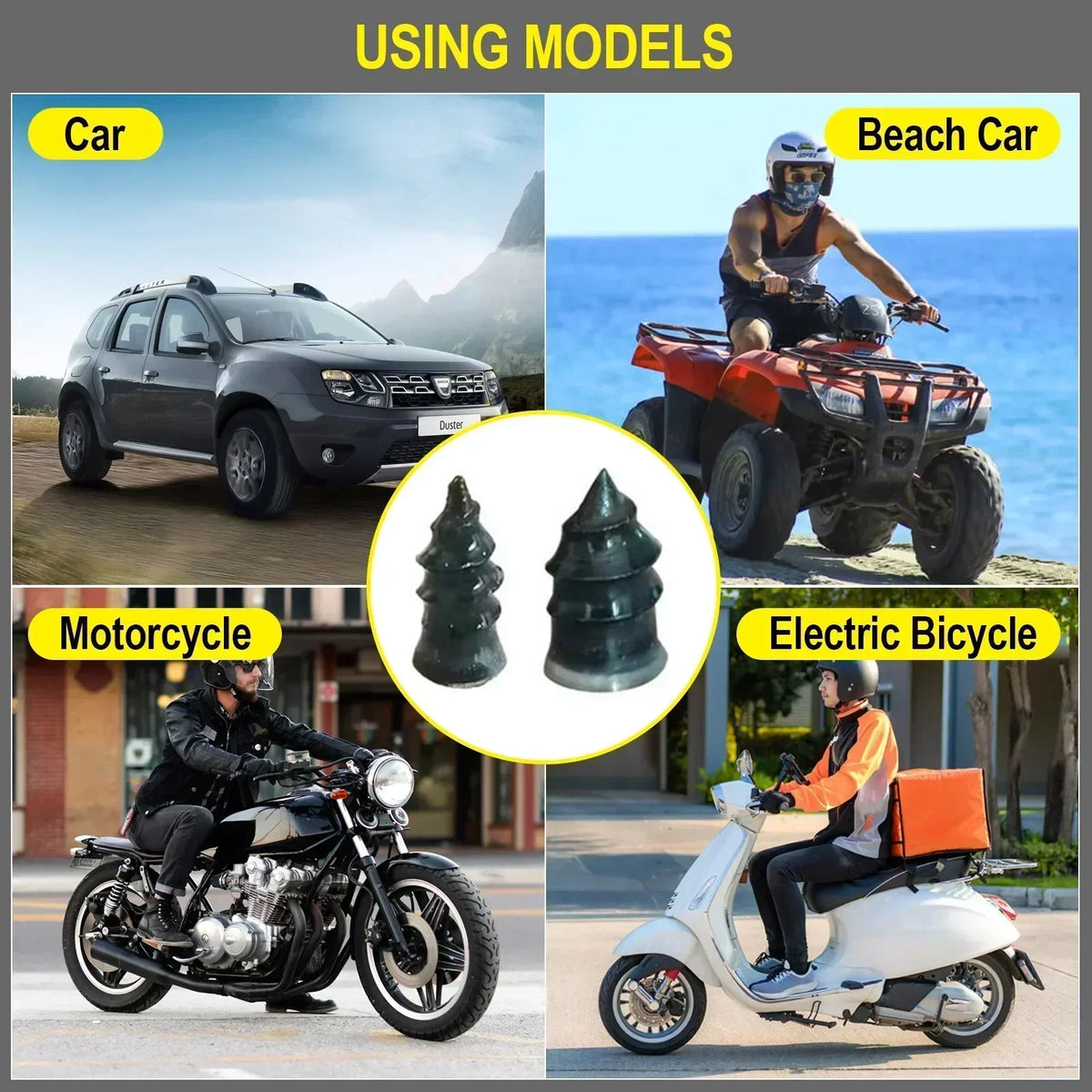 A collection of various vehicle models including a car, beach car, motorcycle, and electric bicycle, with tire puncture repai