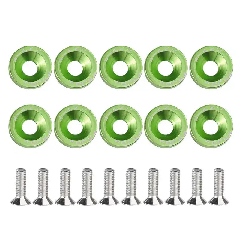 A set of green universal automotive color washers and fasteners.