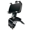 A black phone mount designed for a car dashboard, featuring a clamp and rotation mechanism.