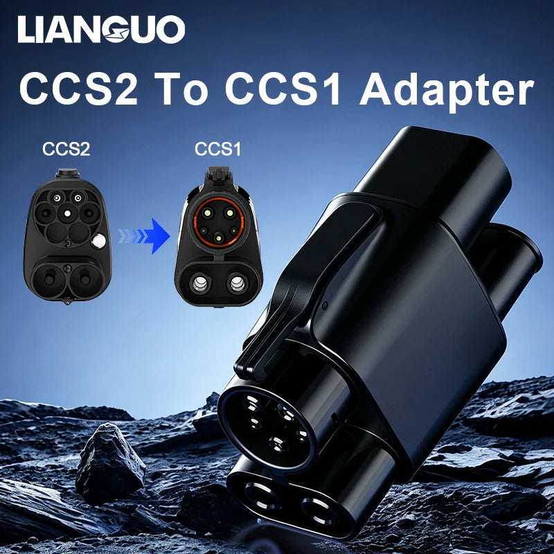 A black adapter shown converting a CCS2 connector to a CCS1 connector, set against a dark, rocky background.