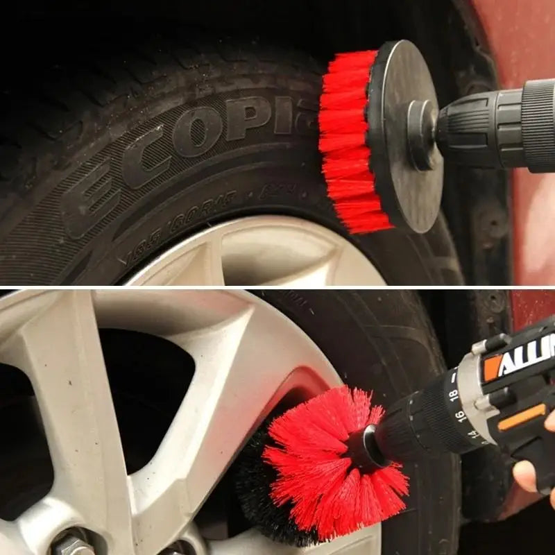 A close-up of a red scrubbing brush attached to a drill, used for cleaning automotive parts.