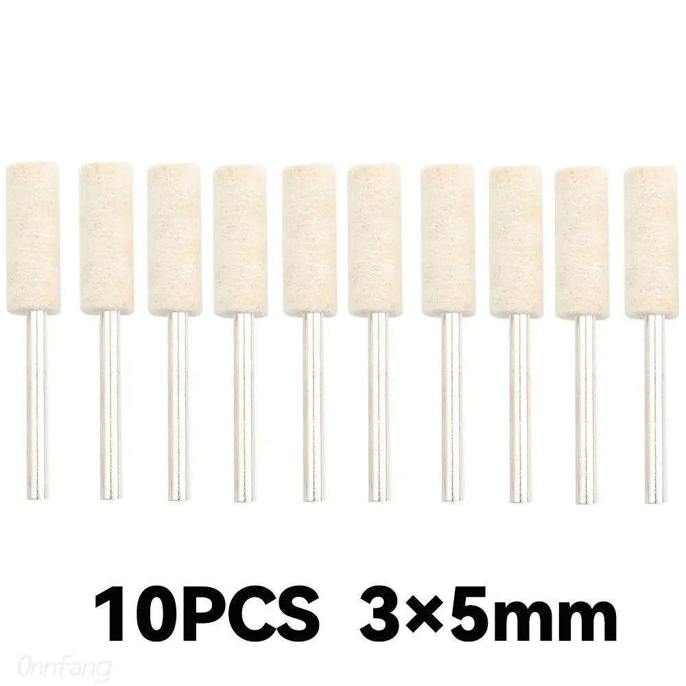 Ten white wool felt polishing buffing wheels with 5mm diameter shafts