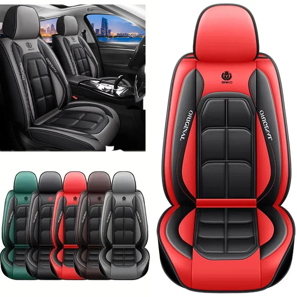 A set of red and black universal leather car seat covers shown in various colors and angles.
