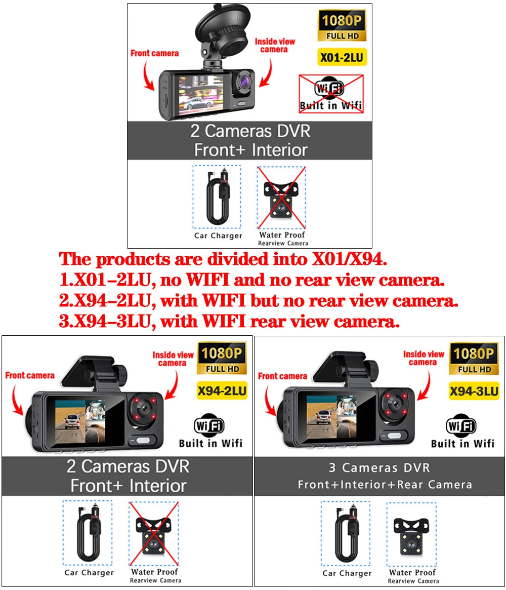Trois versions d'une caméra de surveillance DVR pour voiture, avec et sans WiFi et caméra de recul.