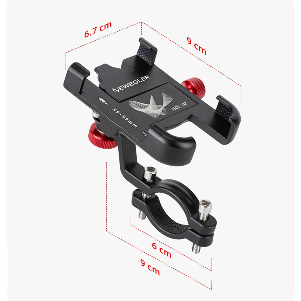 Black Newboler 360° adjustable aluminum phone mount for bicycles with mounting hardware.