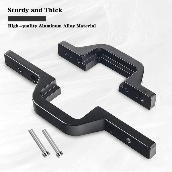 Black aluminum alloy pod mount brackets for a tow hitch, shown with mounting bolts.