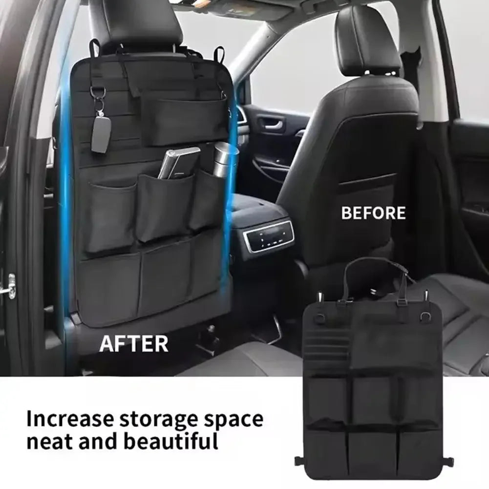 Before and after comparison showing the installation of a seat back organizer for increased storage space in a car.