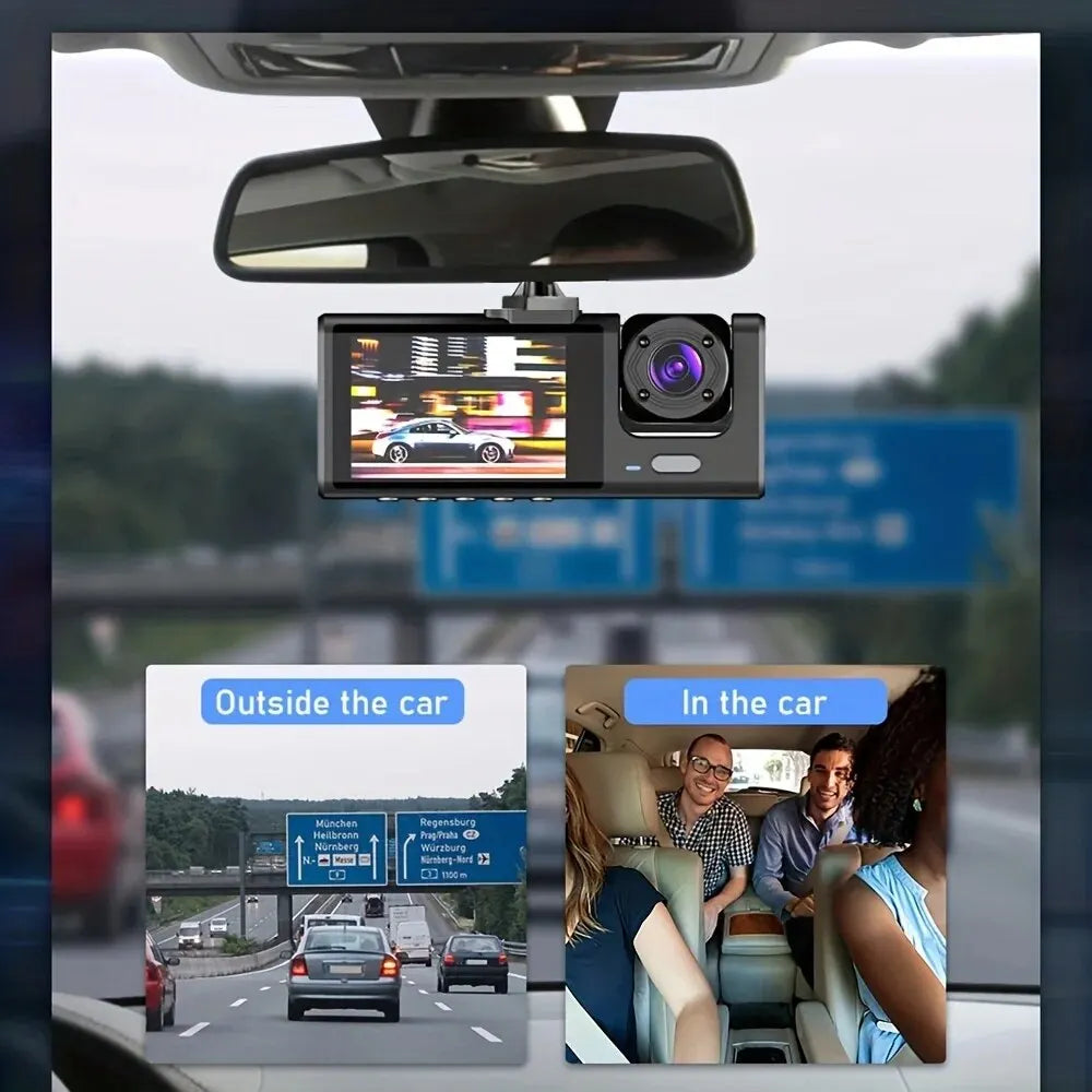 A dual lens dash cam mounted on a vehicle, showing views inside and outside the car.