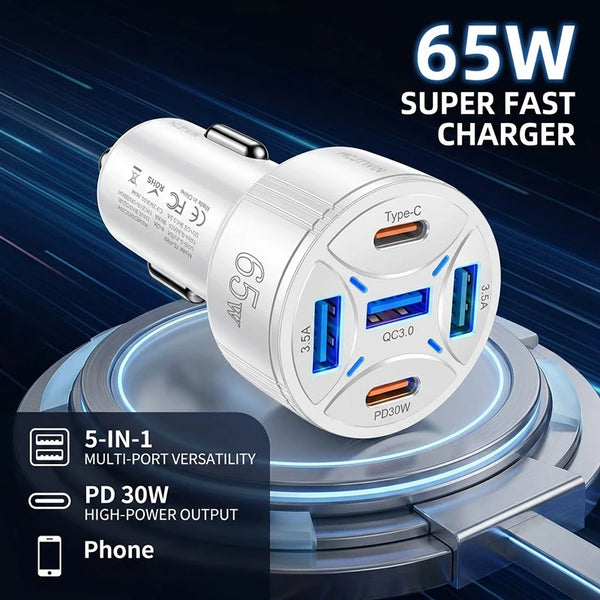 Cargador de coche multi-puerto Type-C de 65W, superrápido con salida PD de 30W, sobre una base circular.