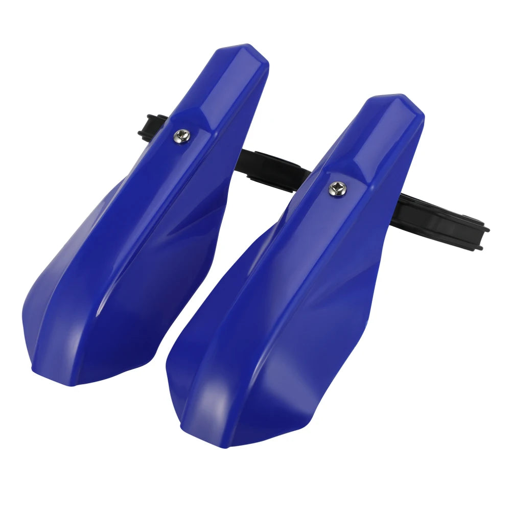 A bright blue universal motorcycle handguard and brush protector mounted on a black bar.
