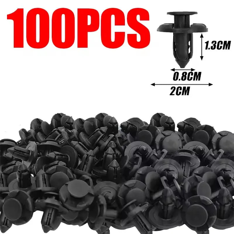 A pile of black 100 pieces of 8mm plastic bumper clips for automotive use.