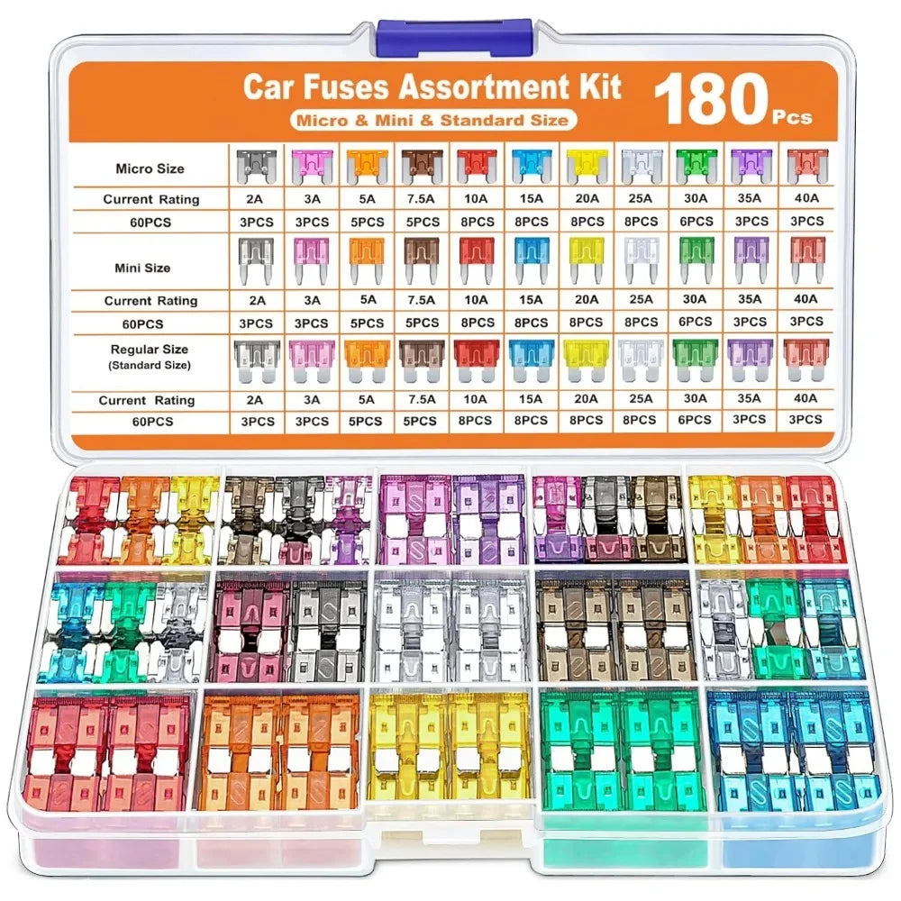 An assortment kit of 180 car fuses in various sizes and colors packaged in a clear plastic case.
