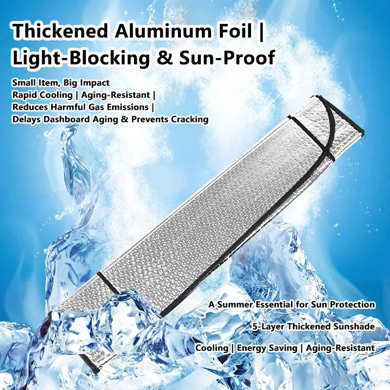 Thickened aluminum foil sun visor shown against ice, emphasizing light-blocking and sun-proof features.