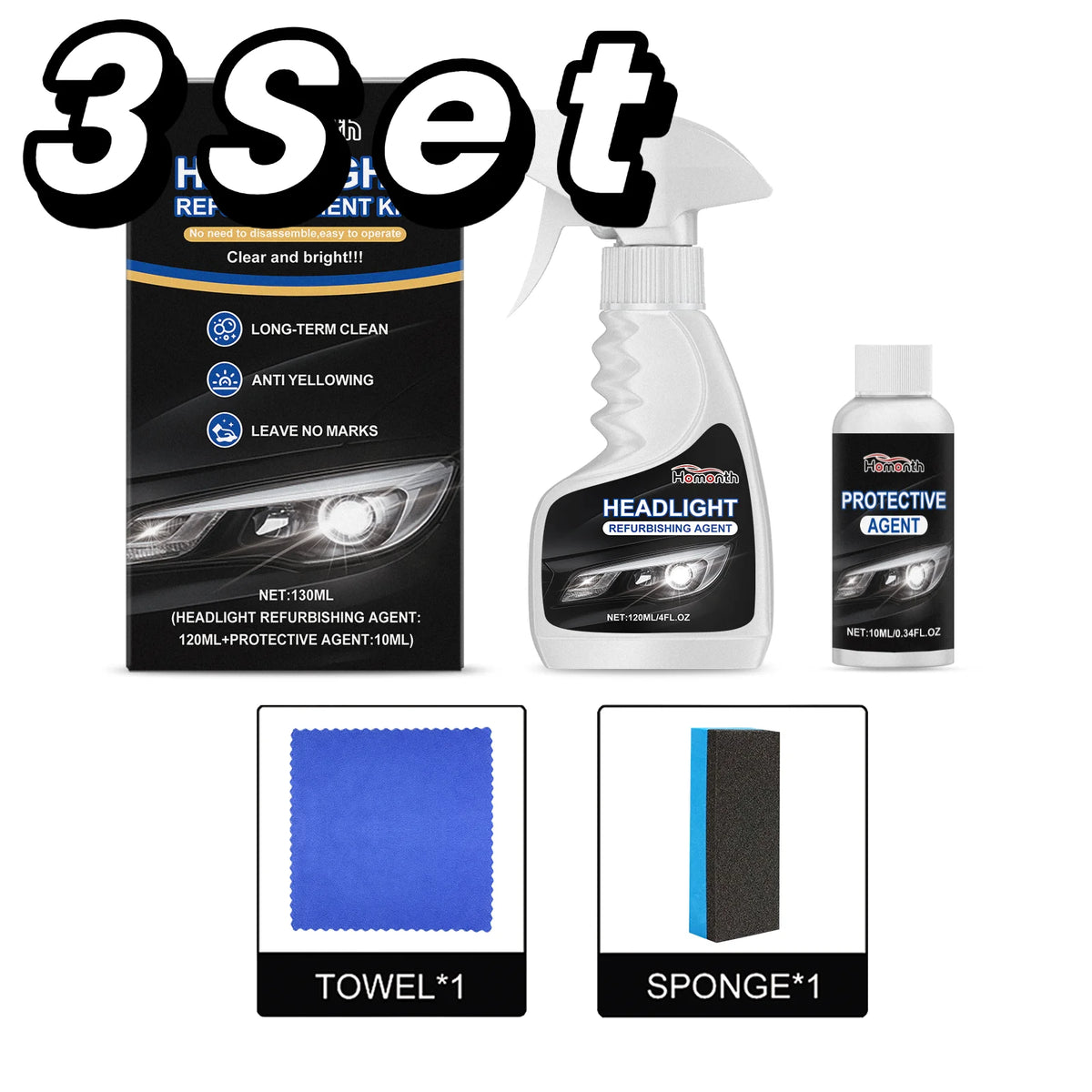 A set of headlight restoration products including a liquid agent, a towel, and a sponge.
