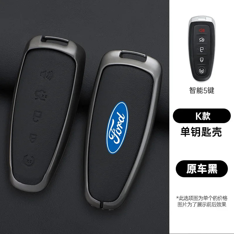 A pair of black Ford car key covers, one with a smart function and the other plain, shown against a dark background.