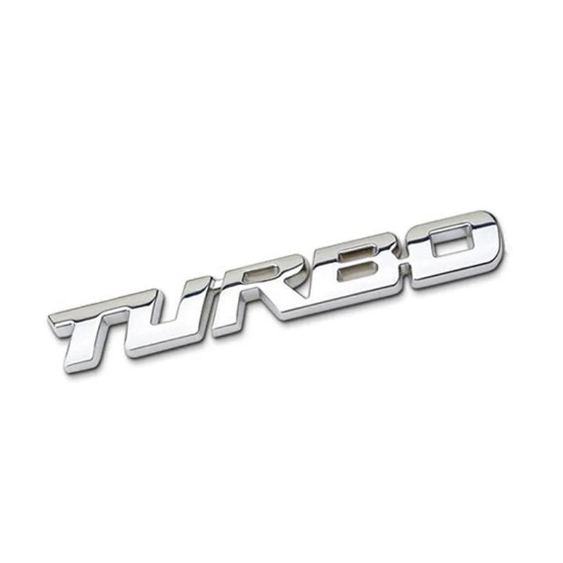 A silver 3D metal alloy turbo badge for car modification.