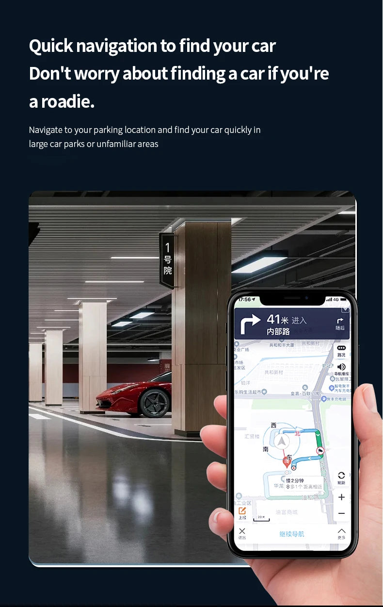 A hand holds a smartphone displaying a navigation map for finding a car in a large parking area.