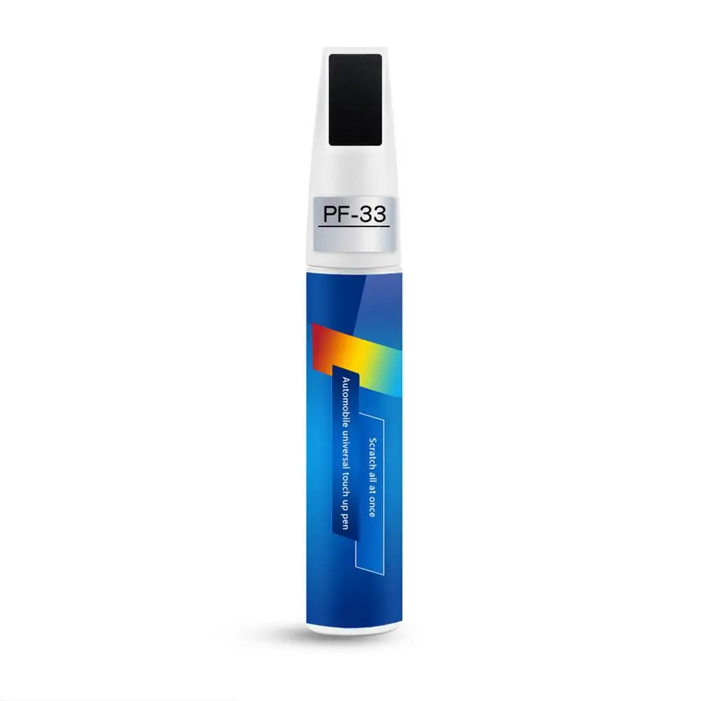 A blue car touch-up paint pen with a black cap and brush tips, featuring a rainbow color gradient.